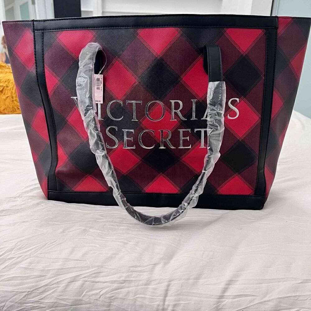NWT Victorias Secret Plaid Tote Shoulder Bag Red Black Cambodia Model 11195687